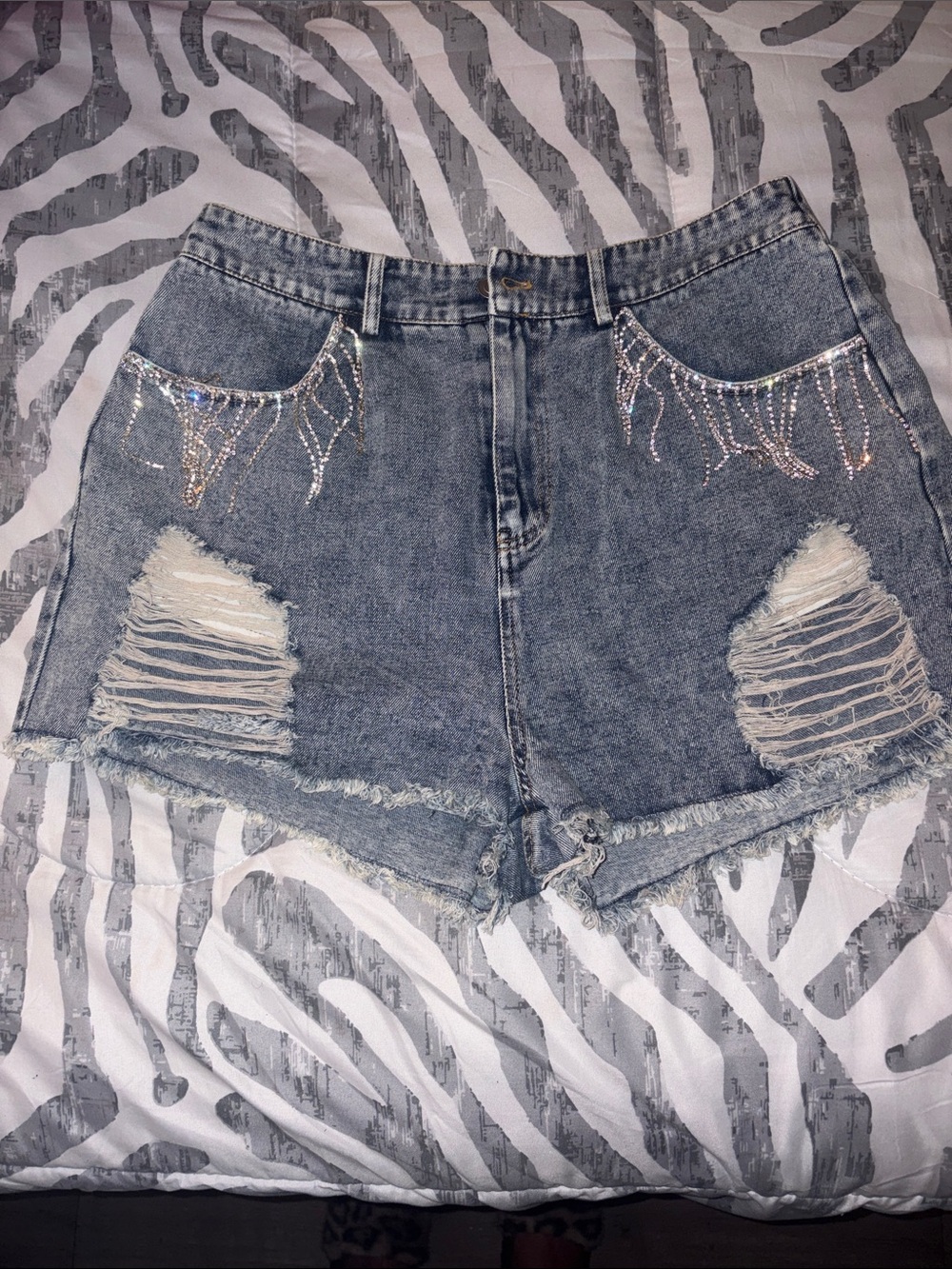Rhinestone Accent Distressed Denim Shorts - Blue